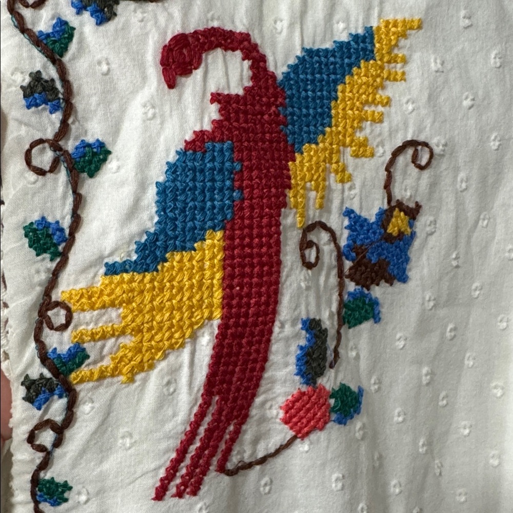 🌴Farm Rio Macaw 🦜 Cross Stitch Embroidered maxi midi Dress Off-White Size M NWT - Picture 7 of 12